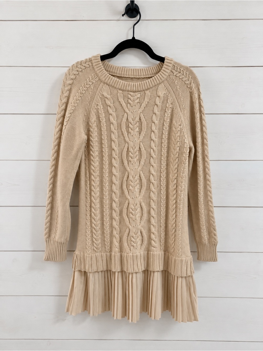 Beige Cable Knit Sweater Dress with Pleated Hem